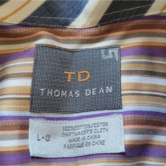 TD Thomas Dean LARGE Striped L/S Button Up Shirt Purple Gold - Picture 4 of 6